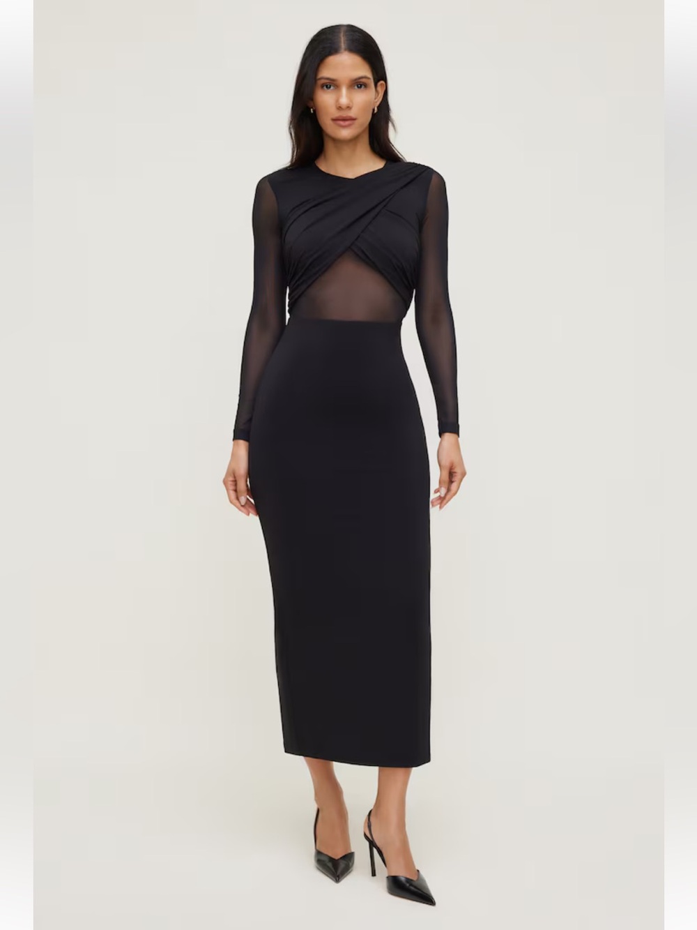 Dynamite Black Sheer-Panel Long Sleeve Midi Dress with Crisscross Bodice